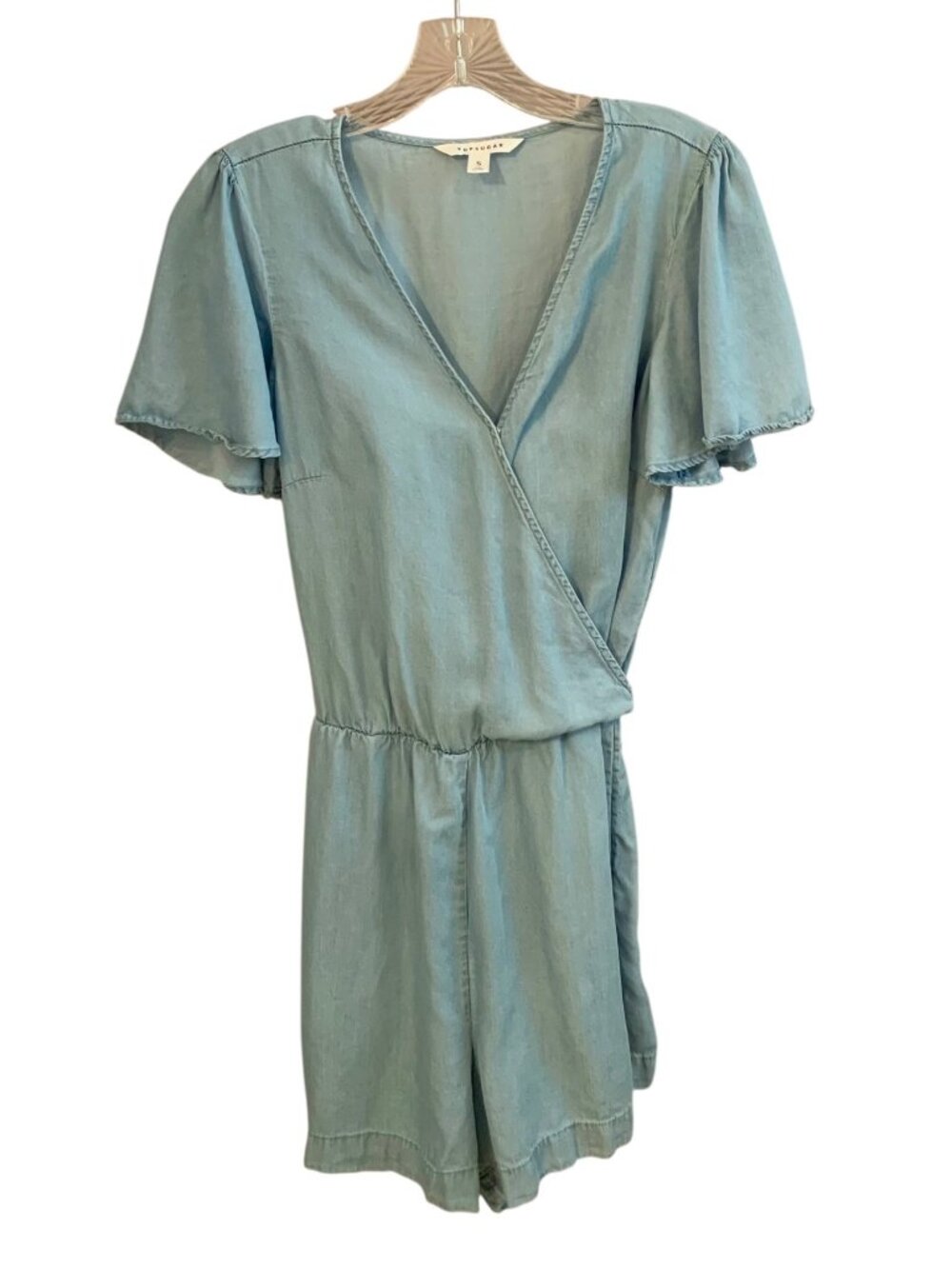 POPSUGAR Light Wash Chambray Short Sleeve Faux-Wrap Tie Waist Romper Size Small